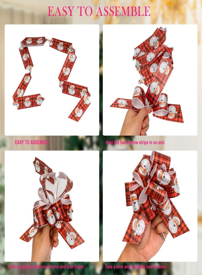 LeZakaa 12PCS Christmas Pull Bows with Ribbon - Buffalo Plaid with Snowman and Santa Claus Design - Perfect for Gift Wrapping, Florist, Bouquet, Basket - Image 2